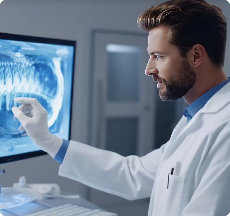 Odontólogo revisando radiografía digital en pantalla.