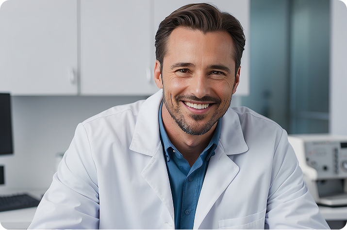 Odontólogo sonriendo en consulta dental moderna.