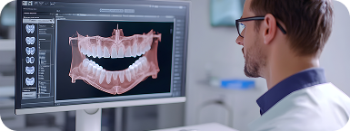 Dentista analizando radiografía 3D en pantalla.