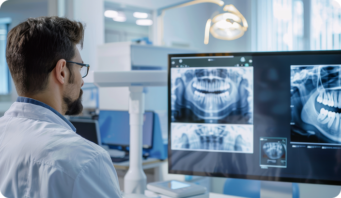 Especialista observando imágenes dentales en pantalla para diseño 3D.