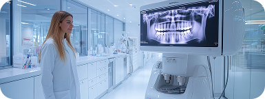 Análisis radiológico digital en laboratorio dental.