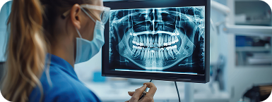 Odontóloga analizando radiografía panorámica en pantalla.