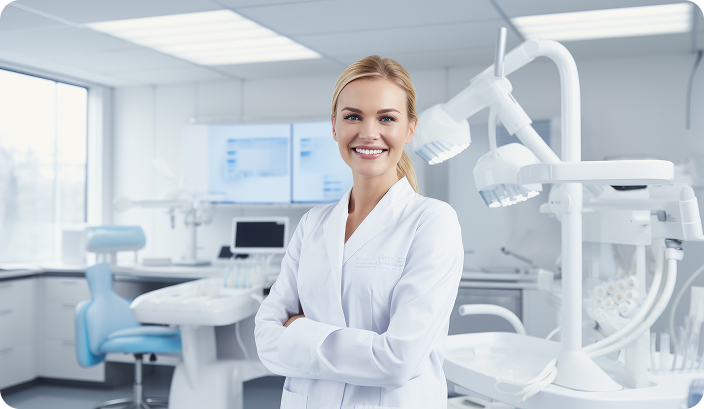 Odontóloga sonriente en consultorio moderno.