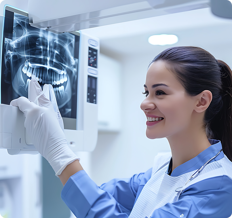 Odontóloga revisando radiografía panorámica dental.