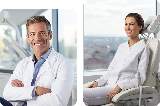 Odontólogo sonriendo y paciente relajada en sillón dental.