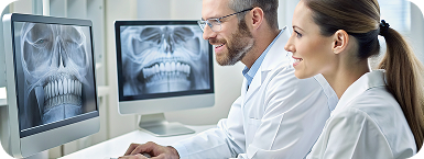 Especialistas revisando radiografías dentales.